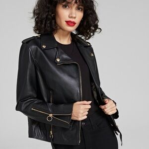 Sam Edelman Women's Leather Motorcycle Jacket with Ring Zipper EUC